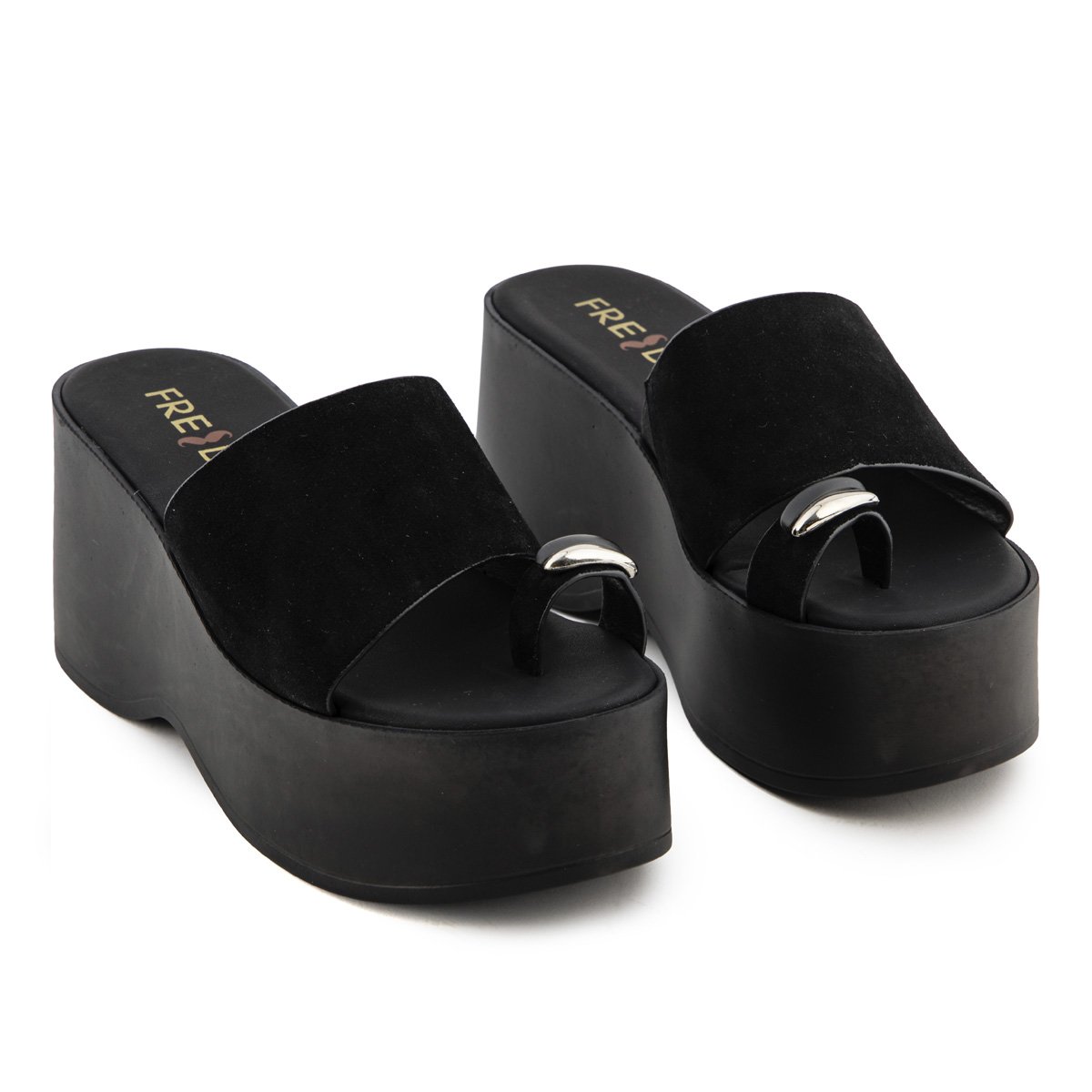 Μαύρες σουεντ ψηλές πλατφόρμες Fred με toe ring