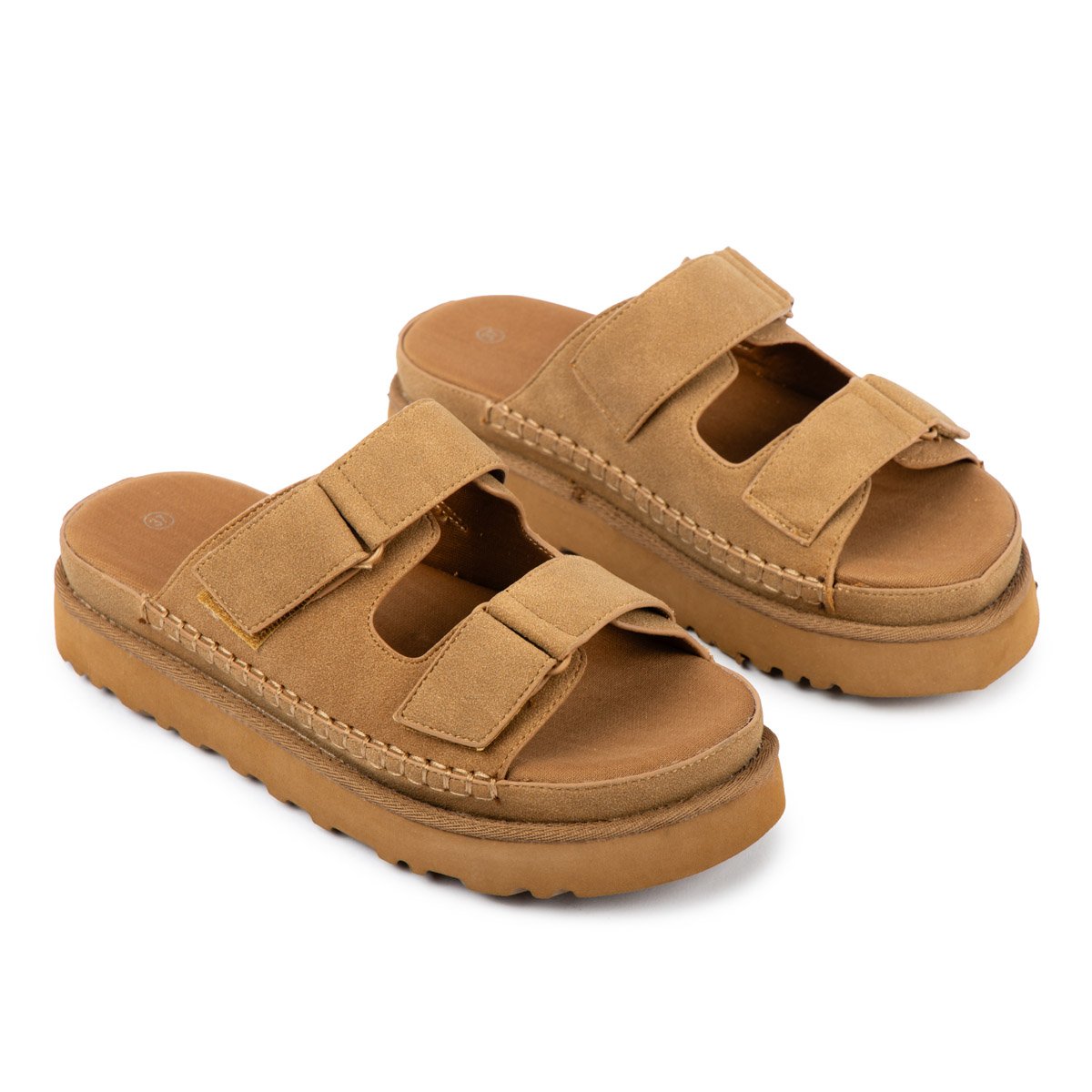 Suede flatforms με αυτοκόλλητα λουράκια, ταμπά