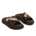 Δερμάτινα φλατ πέδιλα Mykonos με χιαστί φάσα, καφέ