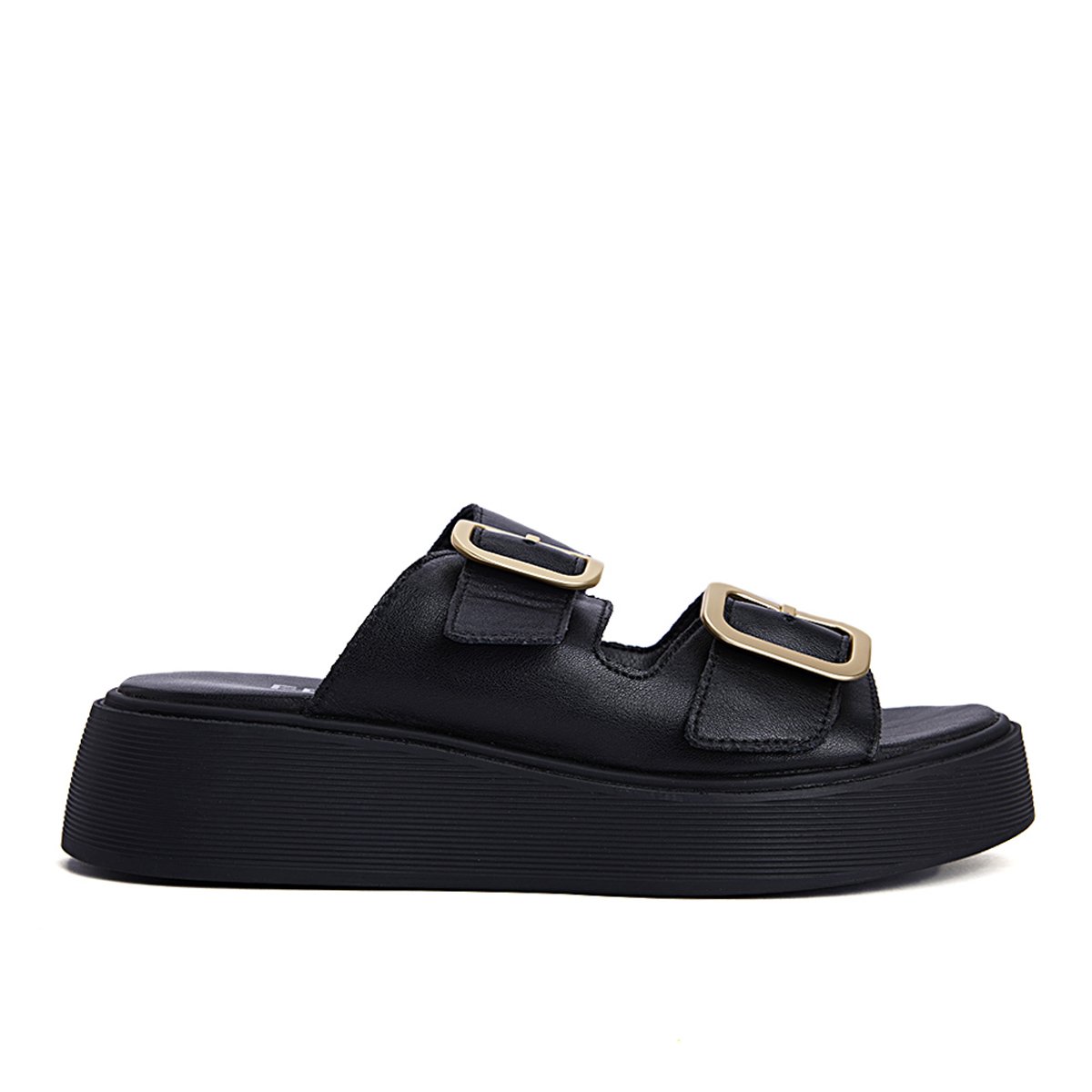 Fred δερμάτινα flatforms με διπλή φάσα, μαύρο