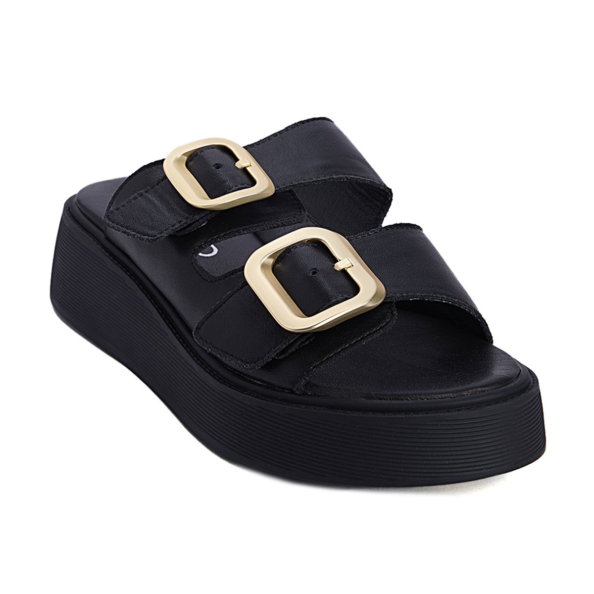 Fred δερμάτινα flatforms με διπλή φάσα, μαύρο