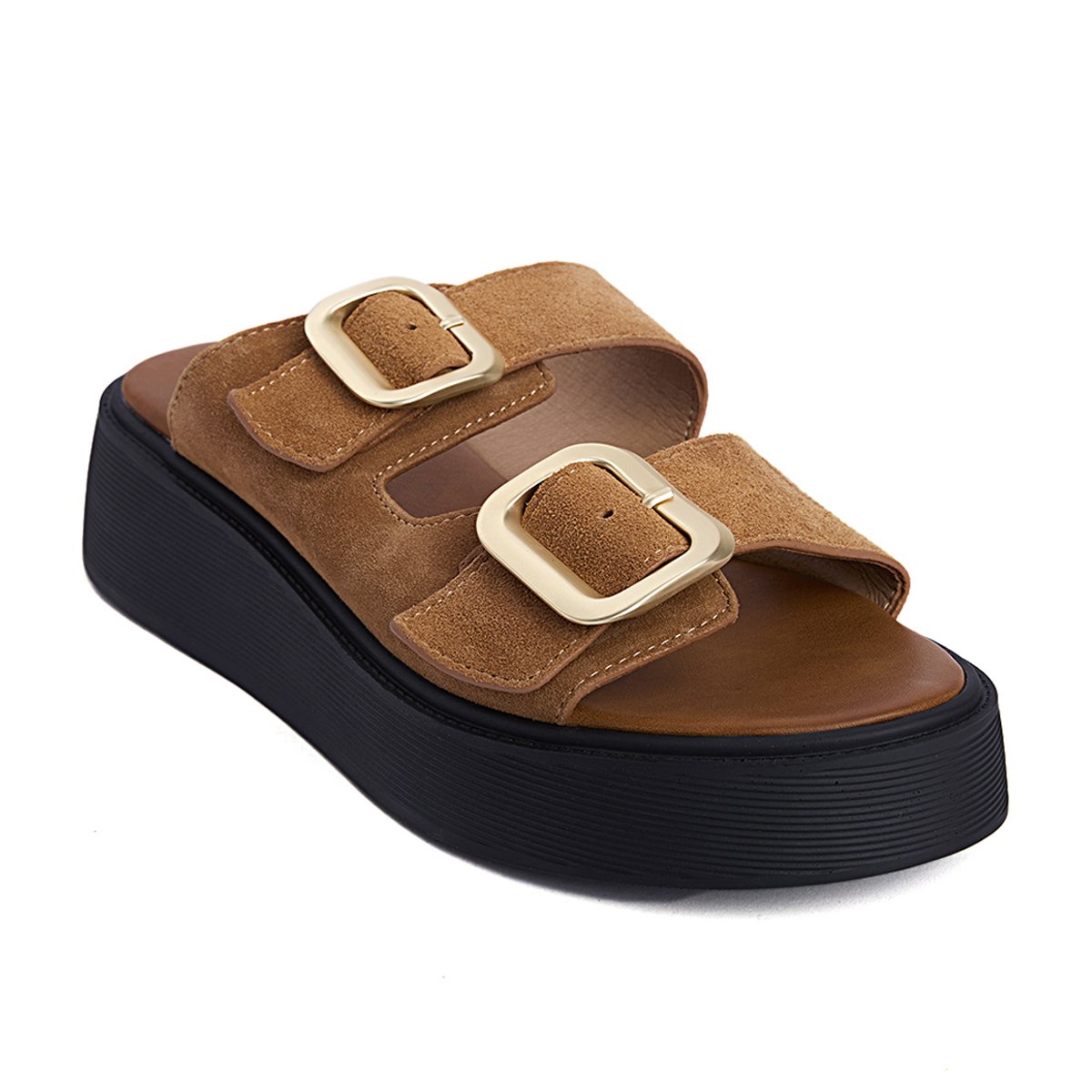 Fred δερμάτινα flatforms με διπλή φάσα, καφέ