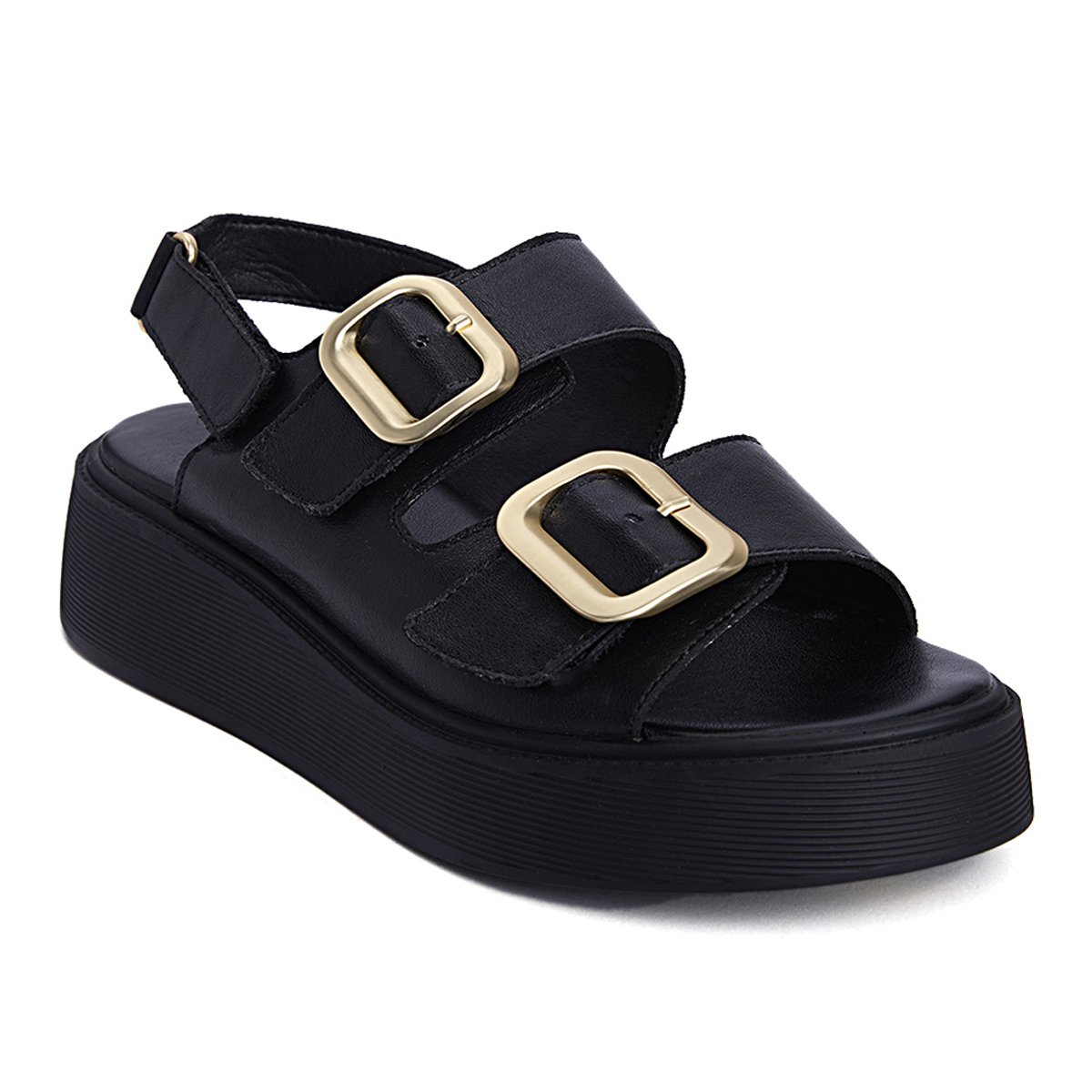 Fred δερμάτινα flatforms με μεταλλικές αγκράφες, μαύρο